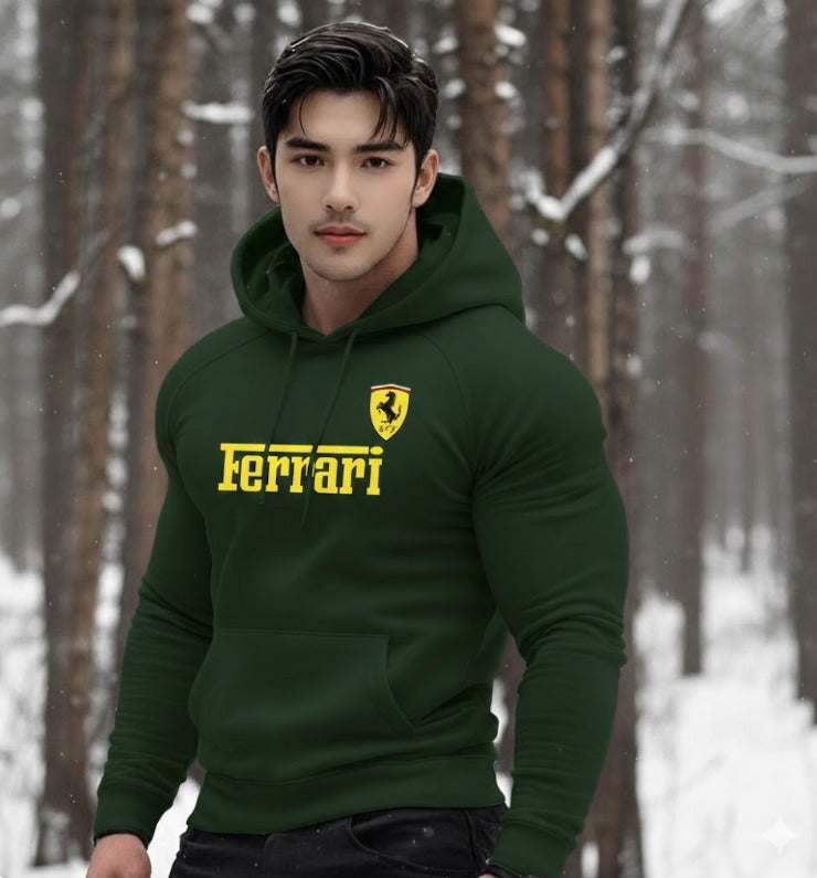 Ferrari hoodie in dark green cotton with yellow logo and kangaroo pocket, suited to cold weather urban wear