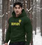 Ferrari hoodie in dark green cotton with yellow logo and kangaroo pocket, suited to cold weather urban wear