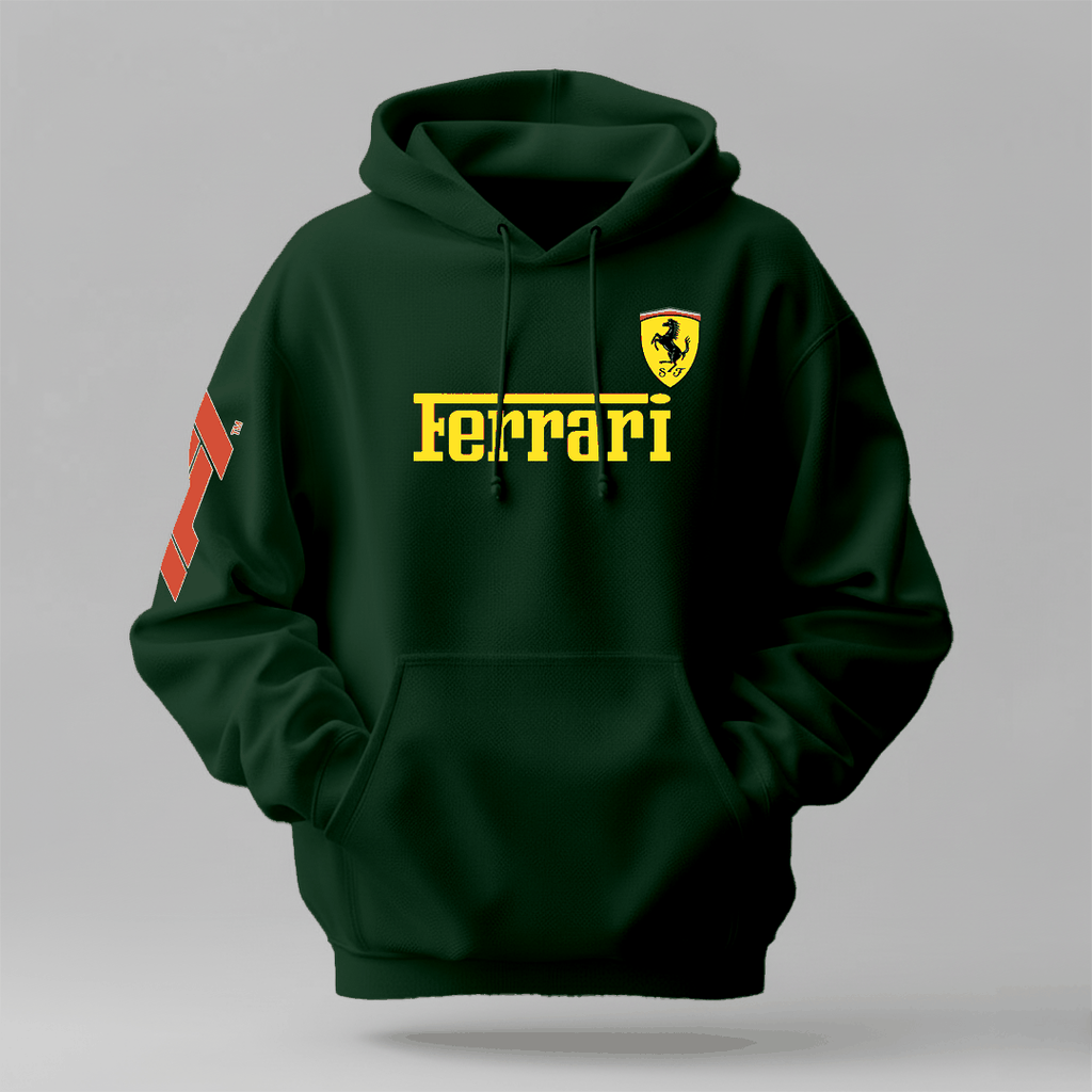 Hoodie in dark green cotton with yellow Ferrari logo, red sleeve graphic, drawstring hood and front pouch for cold weather urban wear