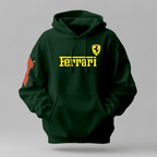 Hoodie in dark green cotton with yellow Ferrari logo, red sleeve graphic, drawstring hood and front pouch for cold weather urban wear