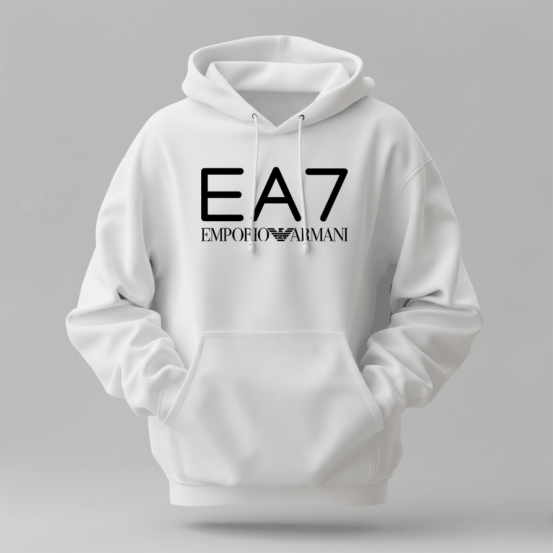 EA7 - Winter Hoodie in white fleece with a hood, drawstrings, kangaroo pocket, and bold Armani logo
