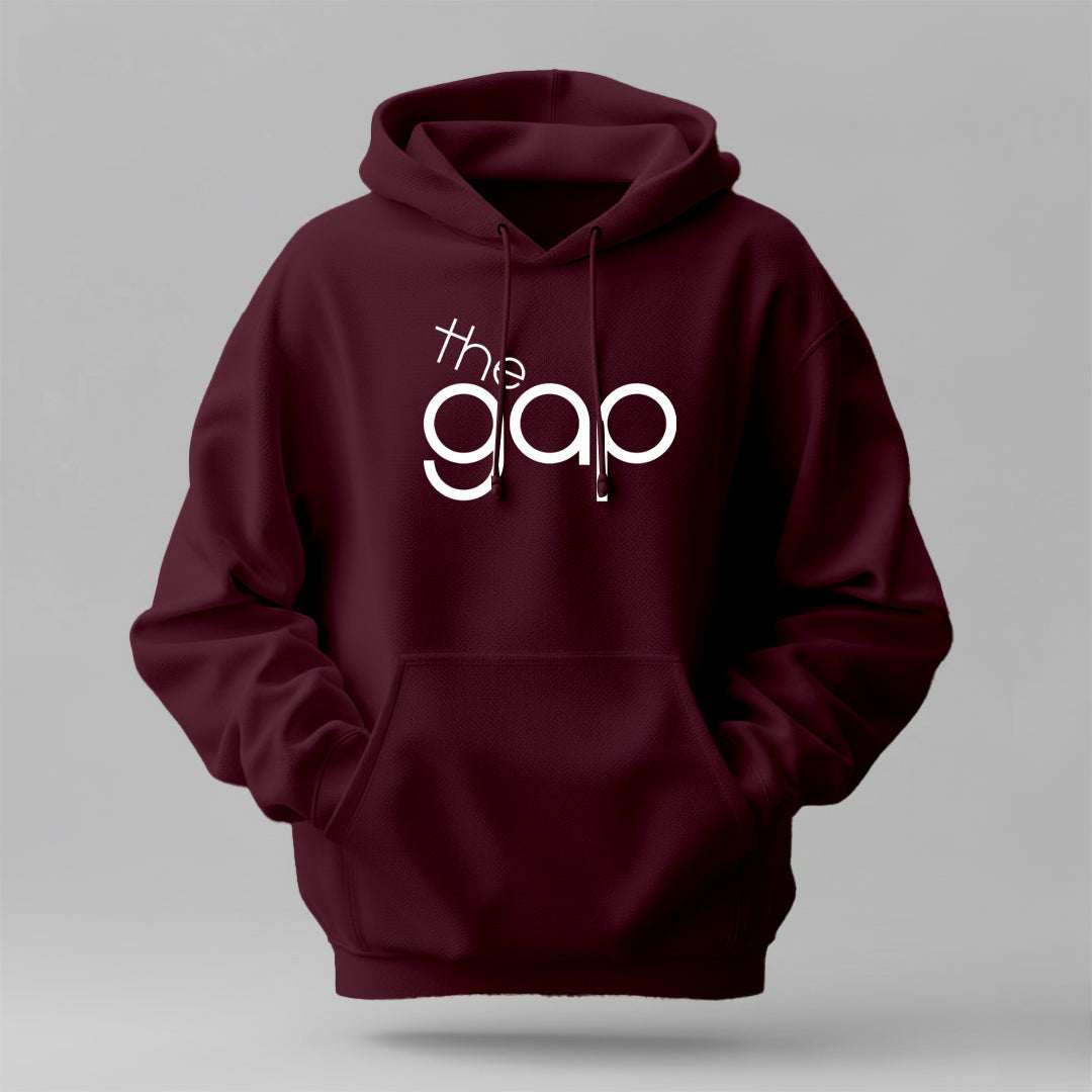gap-winter-regular-fit-hoodie in burgundy cotton with a white Gap logo, drawstring hood and front pouch pocket