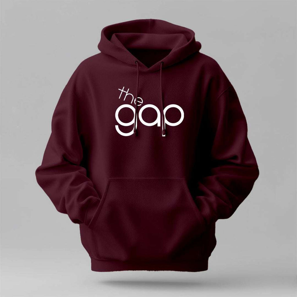 gap-winter-regular-fit-hoodie in burgundy cotton with a white Gap logo, drawstring hood and front pouch pocket