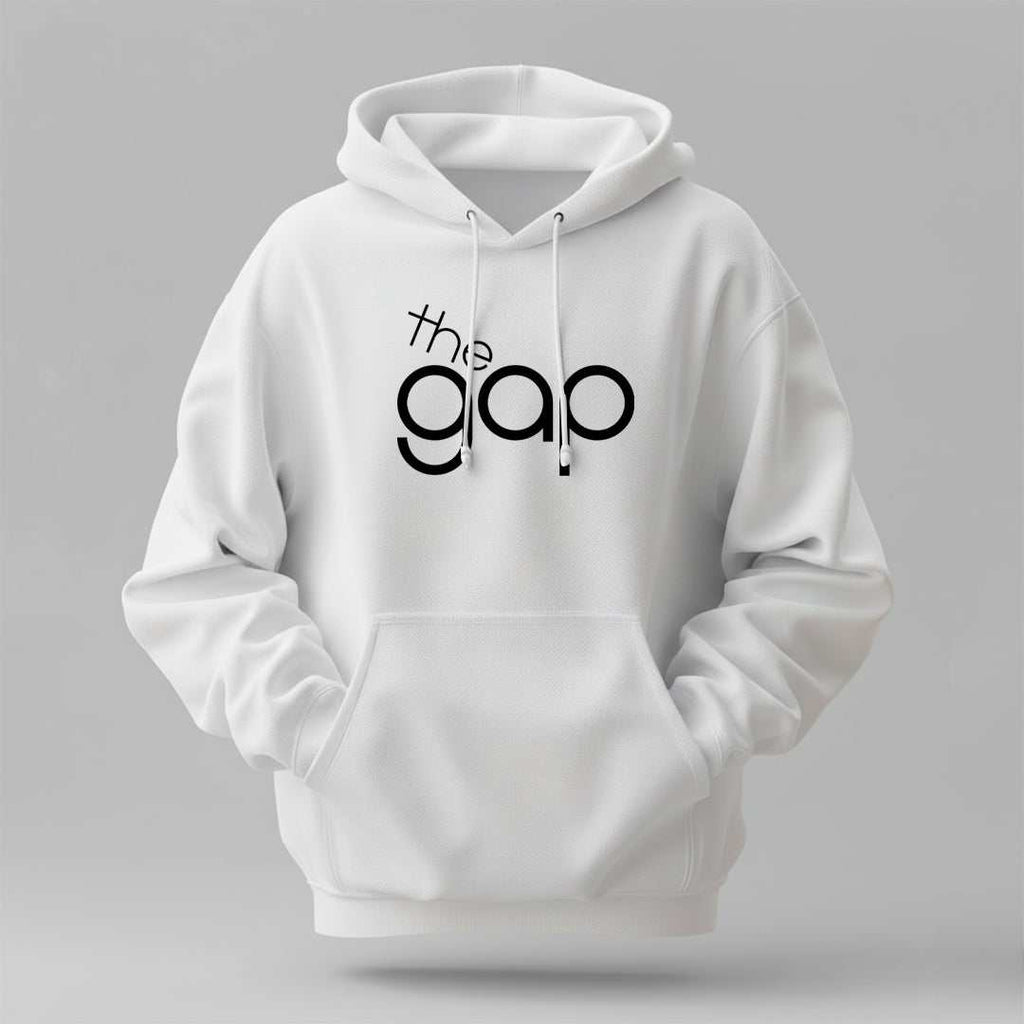 gap-winter-regular-fit-hoodie in white cotton with drawstring hood, kangaroo pocket, and black Gap logo