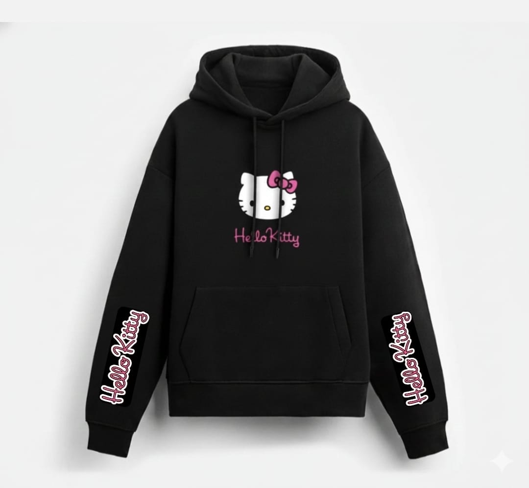 Girls Hello Kitty Hoodie in black cotton with pink Hello Kitty face on chest and text on sleeves