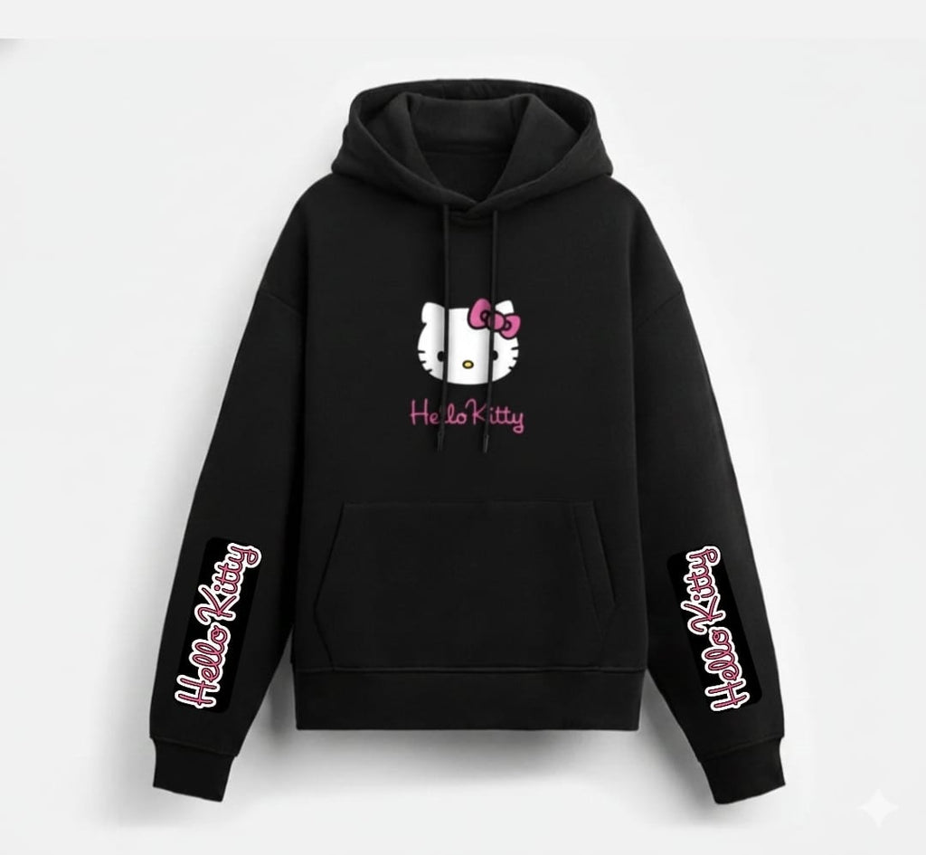 Girls Hello Kitty Hoodie in black cotton with pink Hello Kitty face on chest and text on sleeves