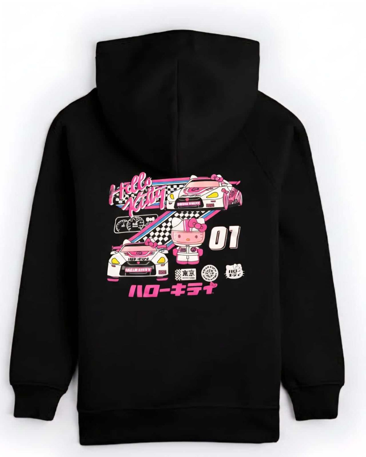 Girls Hello Kitty Hoodie in black cotton with vibrant pink and white Hello Kitty race car graphic and Japanese text