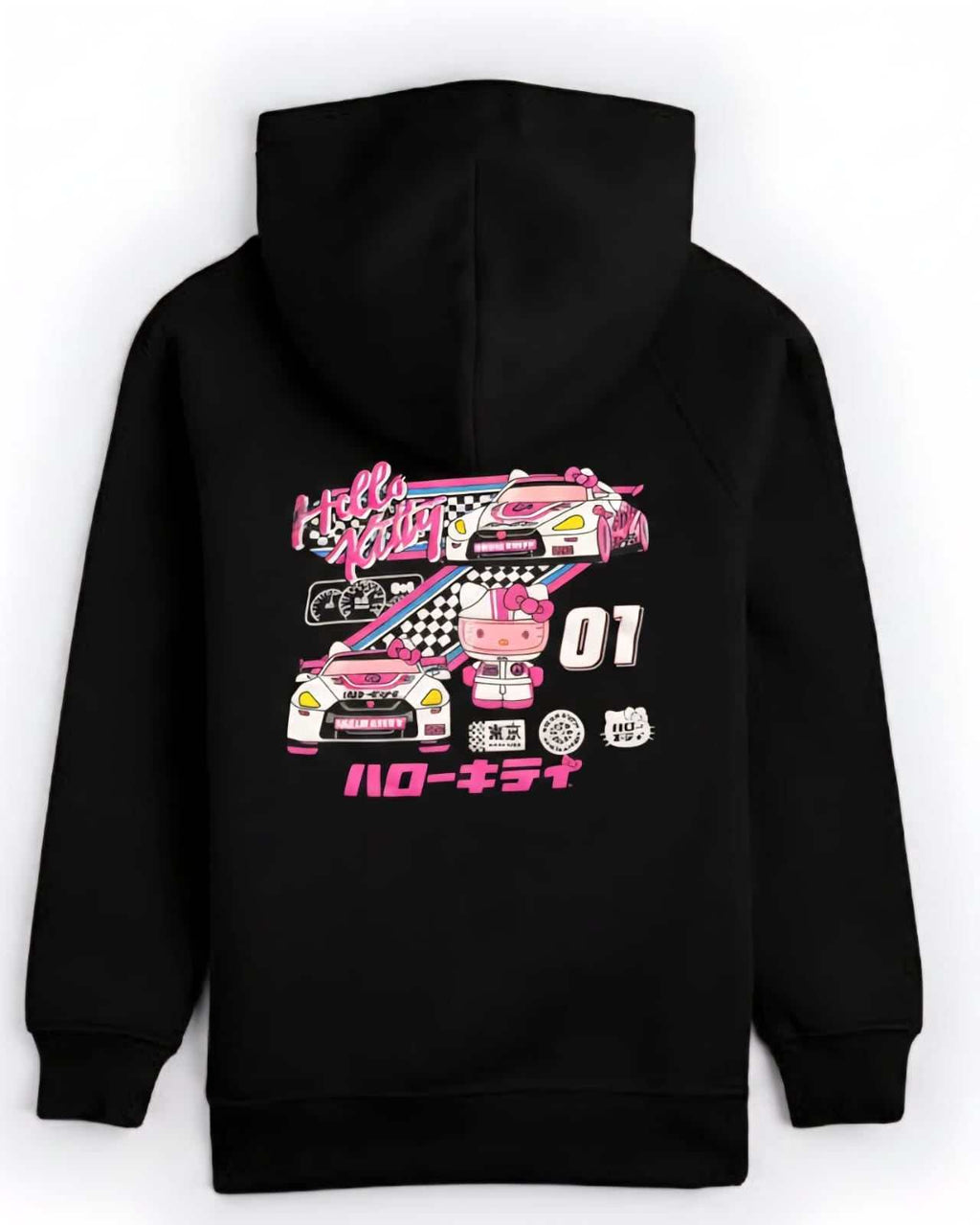 Girls Hello Kitty Hoodie in black cotton with vibrant pink and white Hello Kitty race car graphic and Japanese text