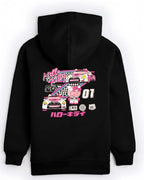 Girls Hello Kitty Hoodie in black cotton with vibrant pink and white Hello Kitty race car graphic and Japanese text
