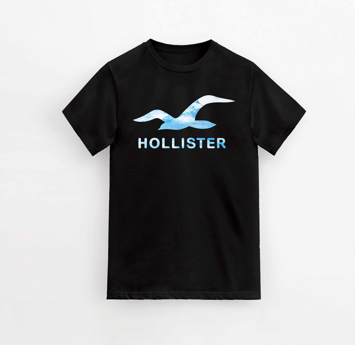Black cotton Hollister big logo T-Shirts with a large blue bird graphic and Hollister text on the chest