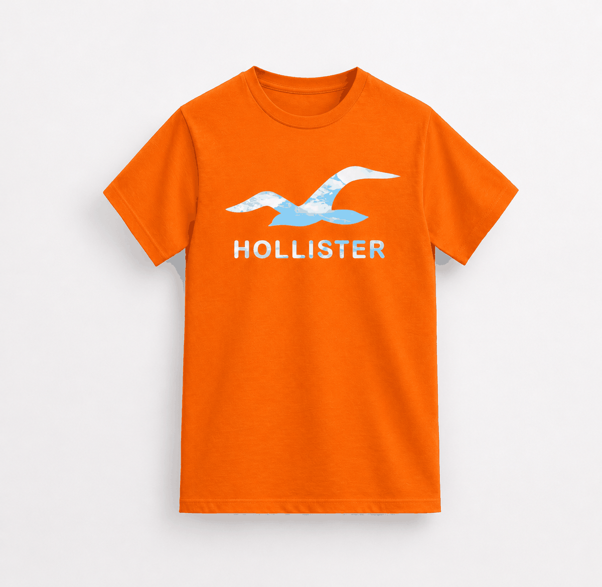 Orange cotton t-shirt featuring a large blue and white seagull graphic and Hollister text, a Hollister big logo T-Shirts style