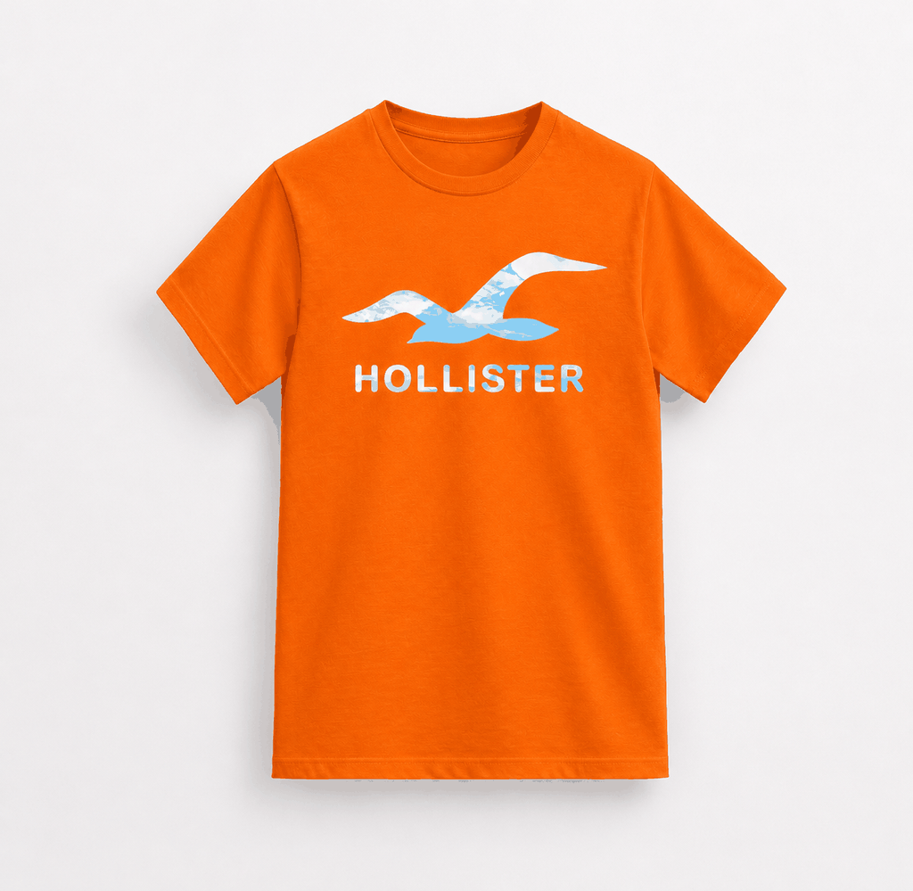 Orange cotton t-shirt featuring a large blue and white seagull graphic and Hollister text, a Hollister big logo T-Shirts style