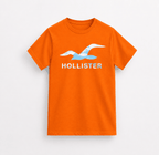 Orange cotton t-shirt featuring a large blue and white seagull graphic and Hollister text, a Hollister big logo T-Shirts style