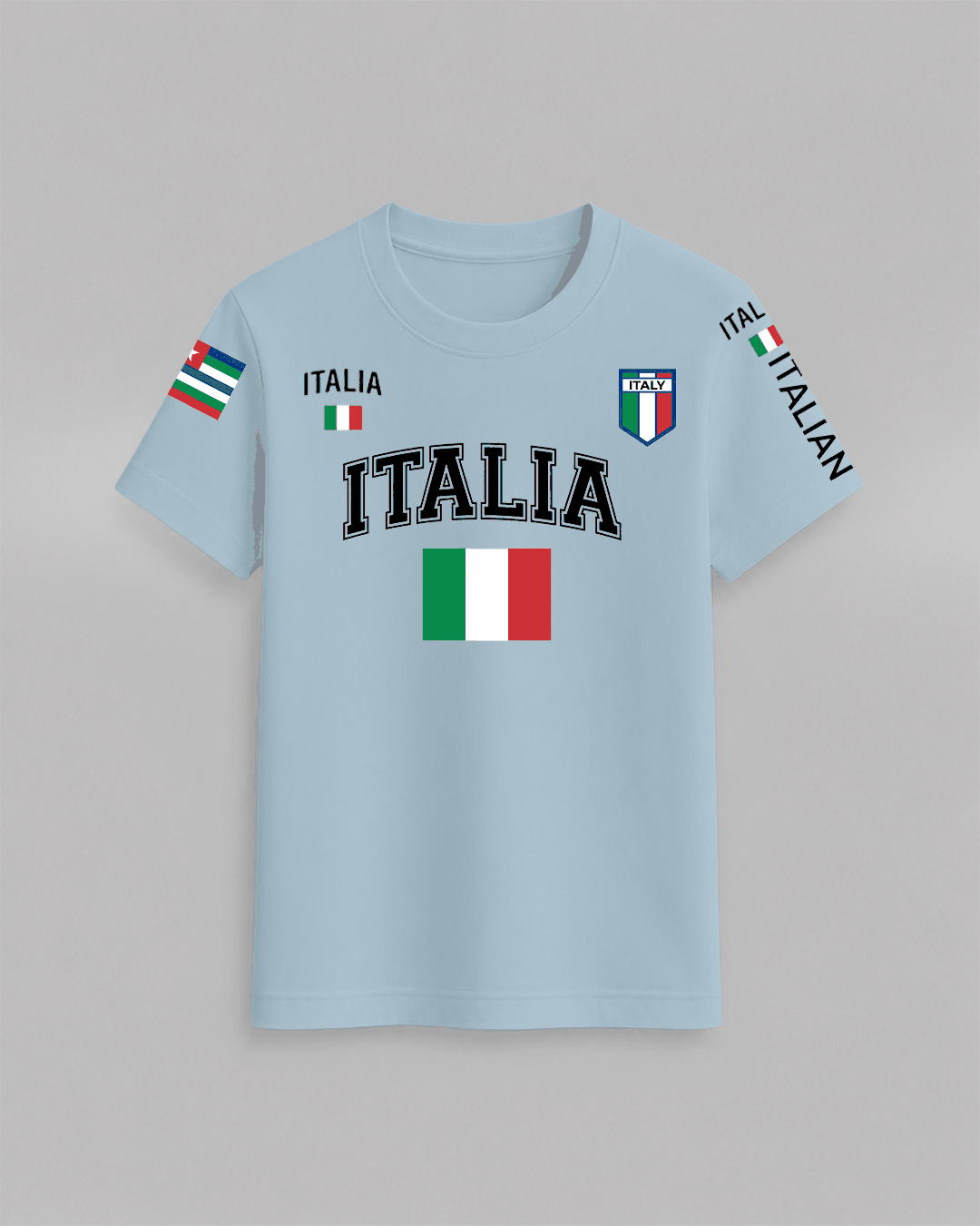 Italia Flag T-Shirt in light blue cotton featuring Italian flag and black ITALIA text with additional small flag patches on sleeves