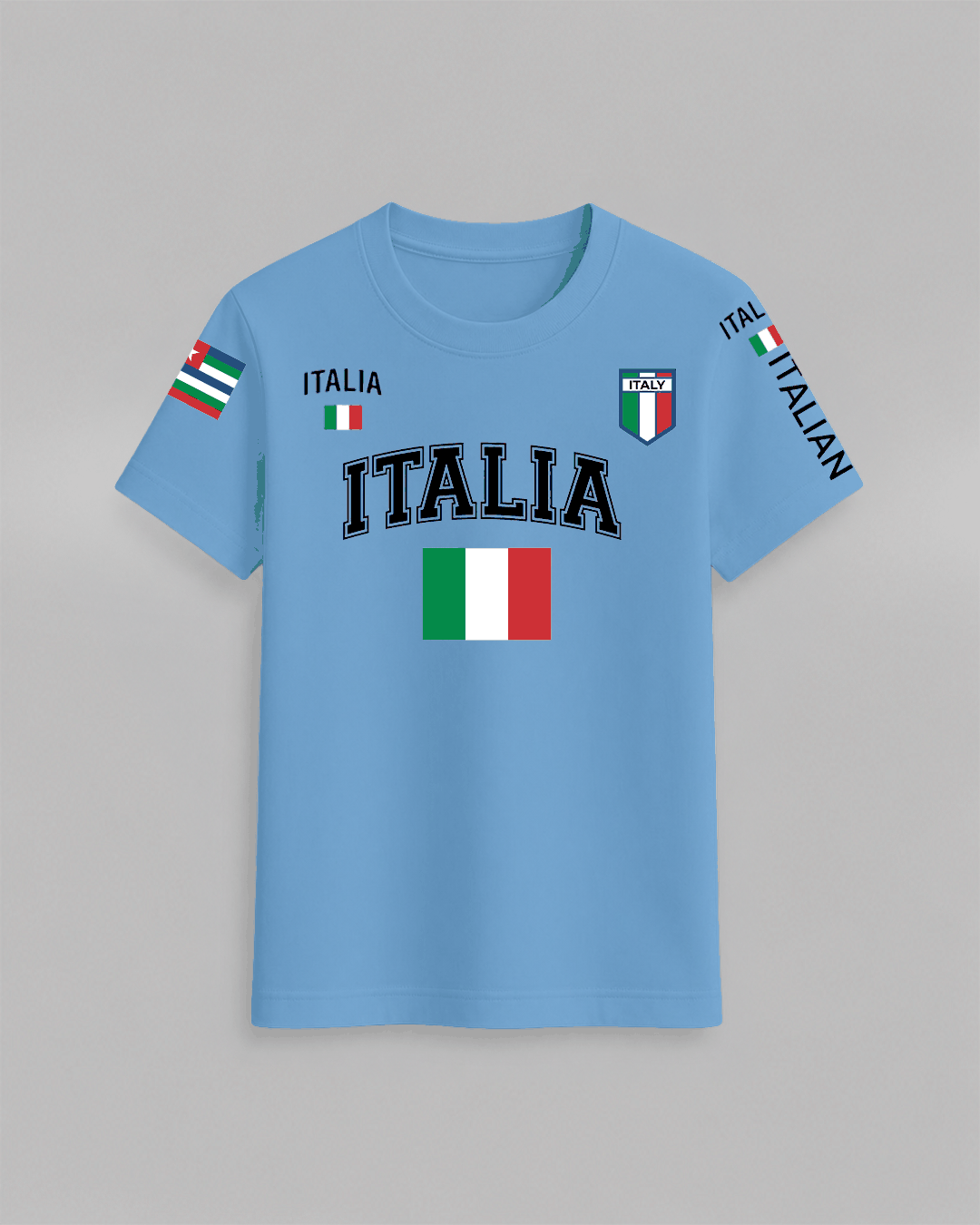 Italia Flag T-Shirt in light blue cotton featuring multiple Italian flag designs and Italia text on front and sleeves