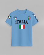 Italia Flag T-Shirt in light blue cotton featuring multiple Italian flag designs and Italia text on front and sleeves