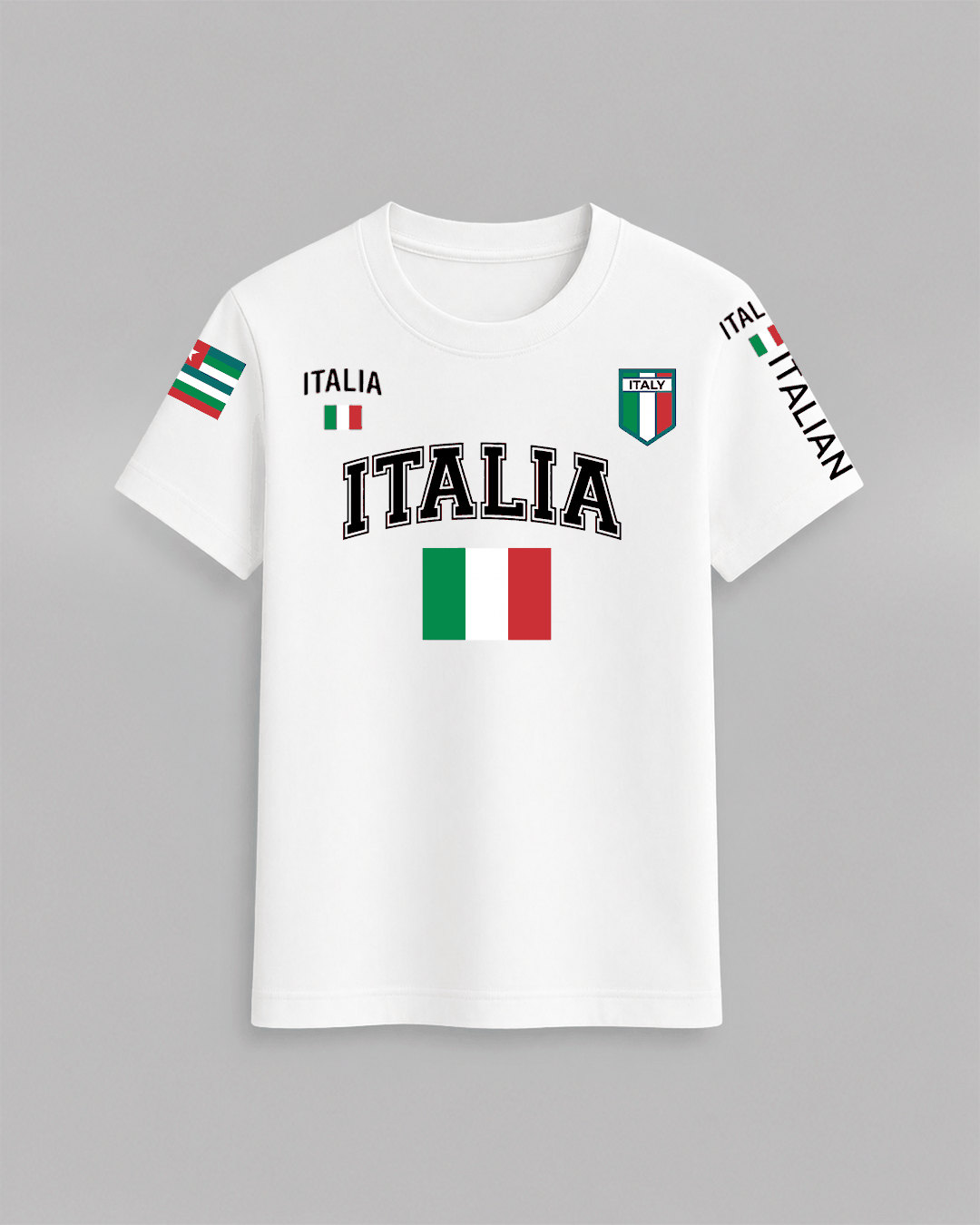 Italia Flag T-Shirt in white 100% cotton featuring Italian flag graphics, ITALIA text, and colorful patches on sleeves