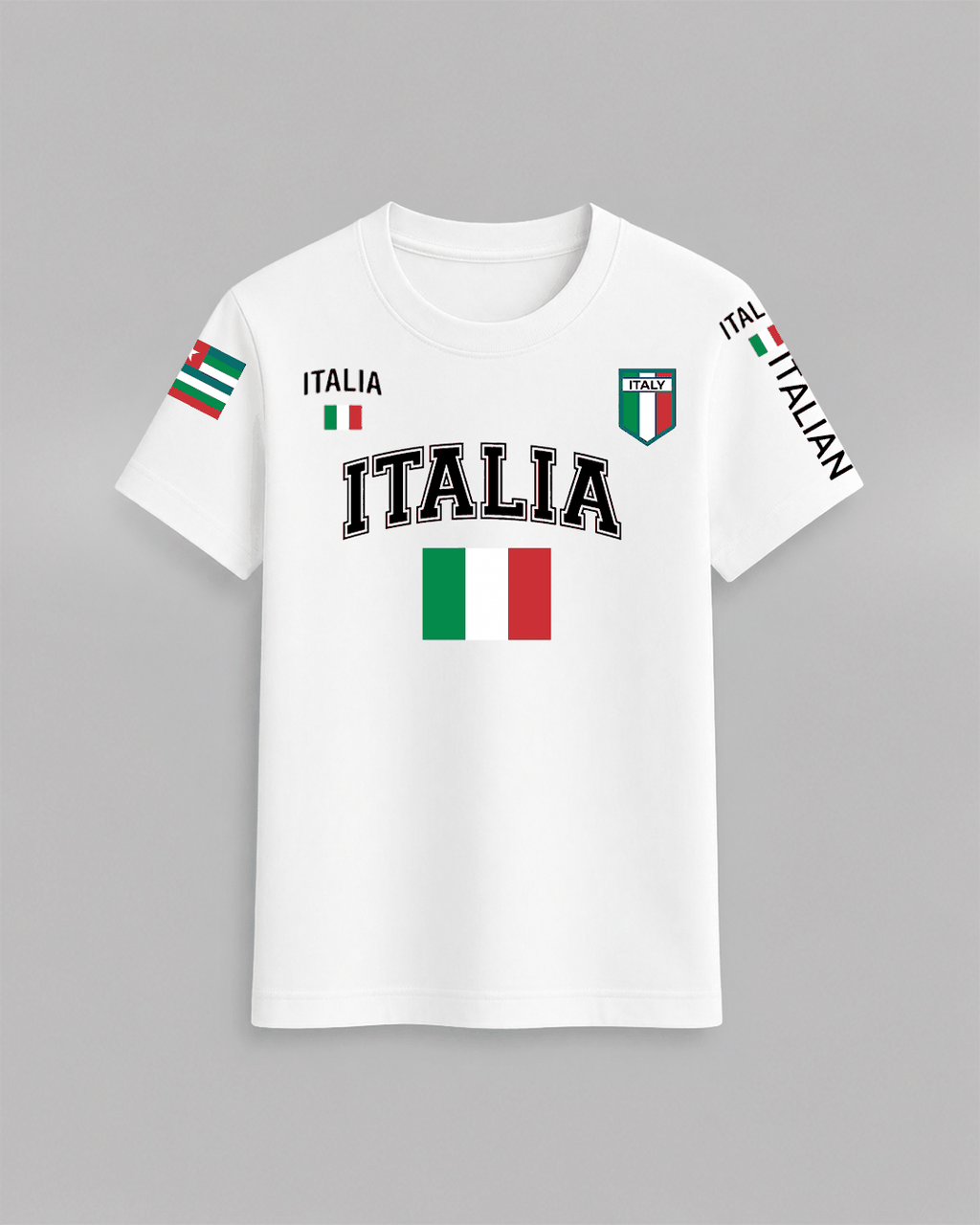 Italia Flag T-Shirt in white 100% cotton featuring Italian flag graphics, ITALIA text, and colorful patches on sleeves