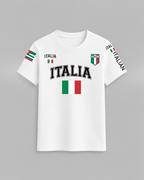 Italia Flag T-Shirt in white 100% cotton featuring Italian flag graphics, ITALIA text, and colorful patches on sleeves