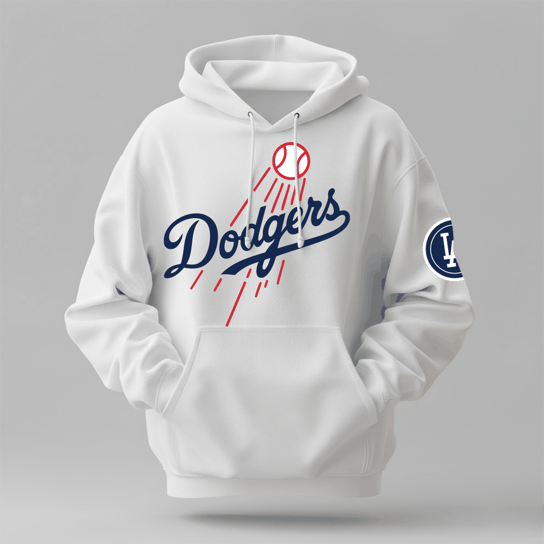LA Dodgers - Winter Hoodie in white with soft fabric, blue Dodgers script, red baseball graphics, and kangaroo pocket
