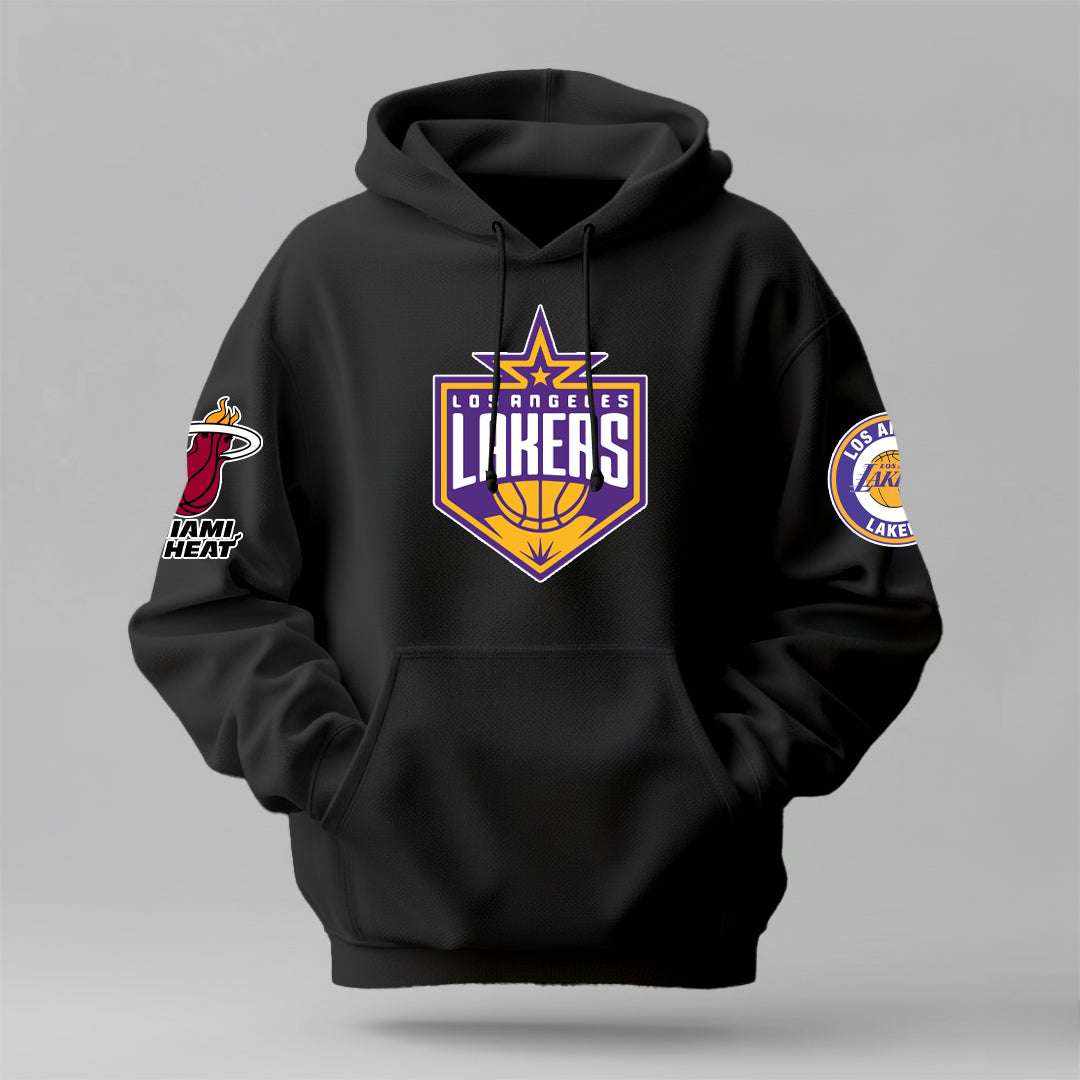 LA Lakers black hoodie with front team logo, kangaroo pocket, drawstring hood, and basketball team sleeve patches