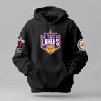 LA Lakers black hoodie with front team logo, kangaroo pocket, drawstring hood, and basketball team sleeve patches