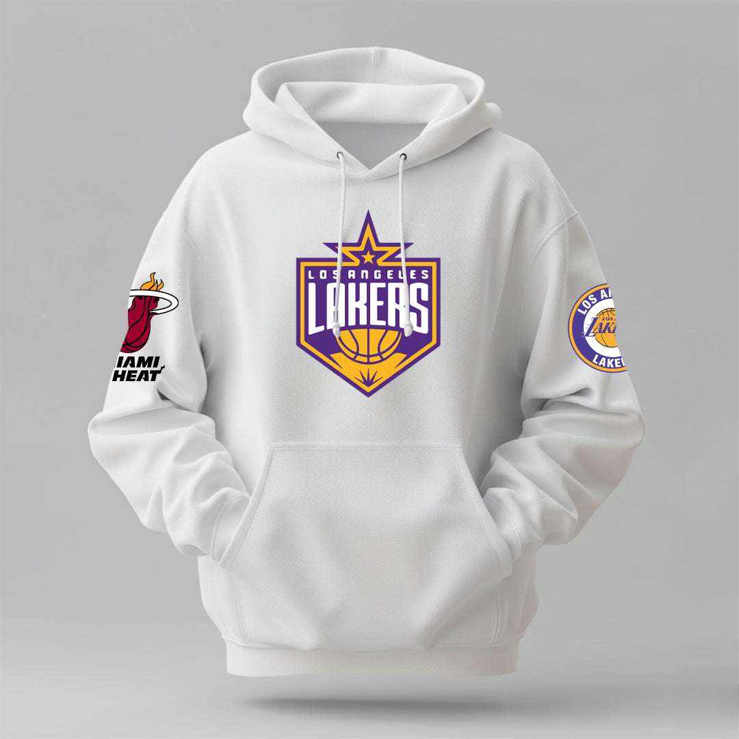 LA Lakers white cotton hoodie with purple and gold logo, drawstring hood, kangaroo pocket and sleeve patches