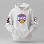 LA Lakers white cotton hoodie with purple and gold logo, drawstring hood, kangaroo pocket and sleeve patches