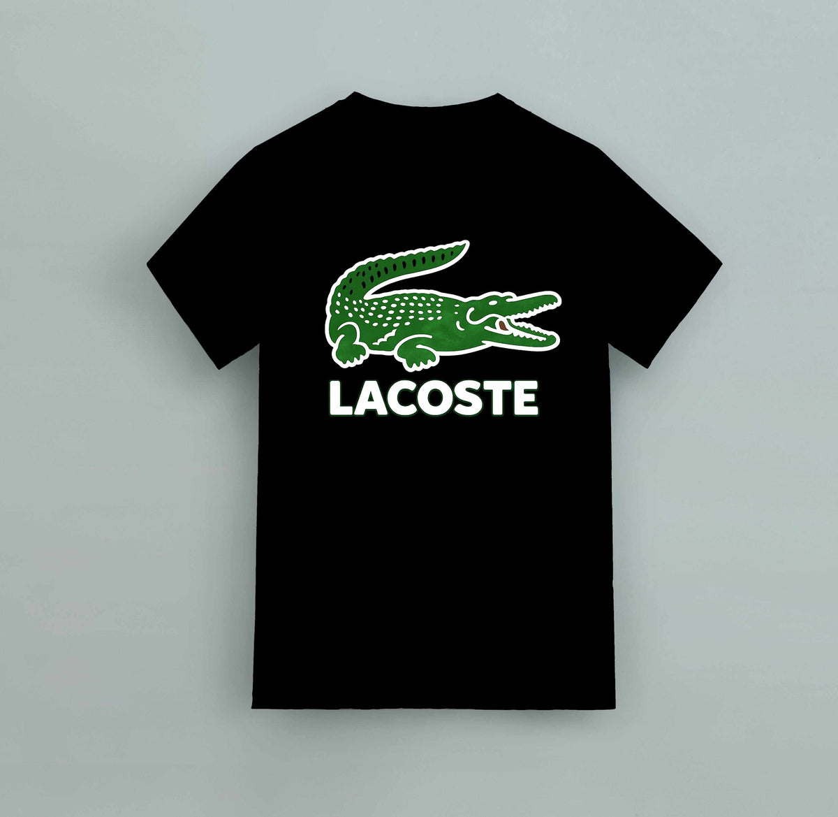 Black cotton men's t-shirt featuring a large green crocodile and white LACOSTE text for Lacoste Big Logo style