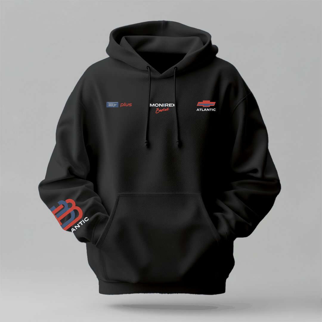 Luxury Winter Hoodie in black premium cotton with drawstring hood, front pouch pocket, and branded sleeve graphics