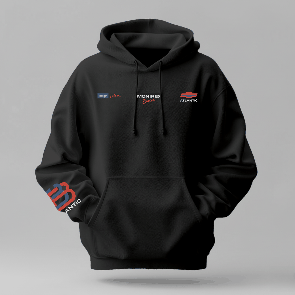 Luxury Winter Hoodie in black premium cotton with drawstring hood, front pouch pocket, and branded sleeve graphics