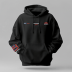 Luxury Winter Hoodie in black premium cotton with drawstring hood, front pouch pocket, and branded sleeve graphics