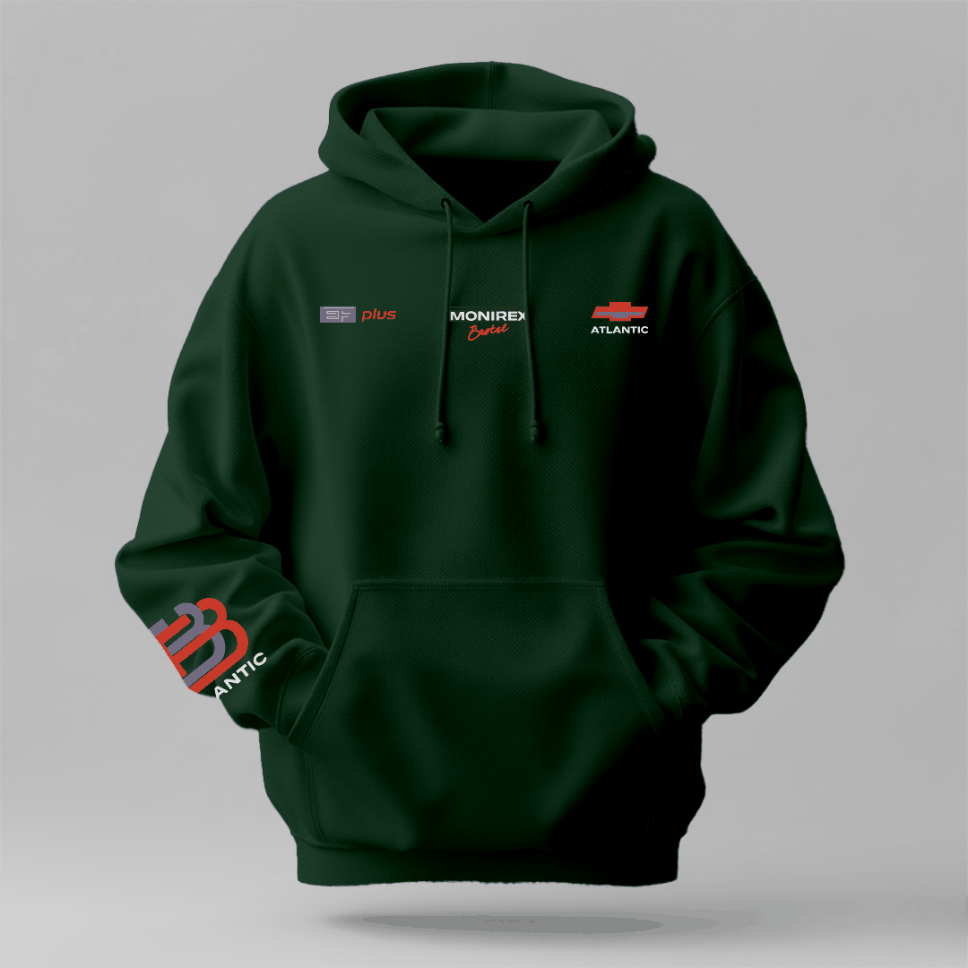 Luxury Winter Hoodie in dark green cotton with drawstring hood, kangaroo pocket, and colourful logo details