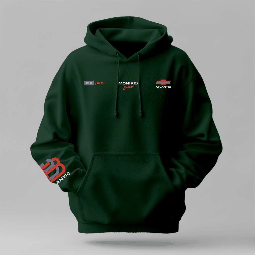 Luxury Winter Hoodie in dark green cotton with drawstring hood, kangaroo pocket, and colourful logo details