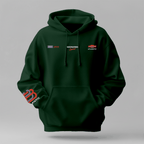 Luxury Winter Hoodie in dark green cotton with drawstring hood, kangaroo pocket, and colourful logo details