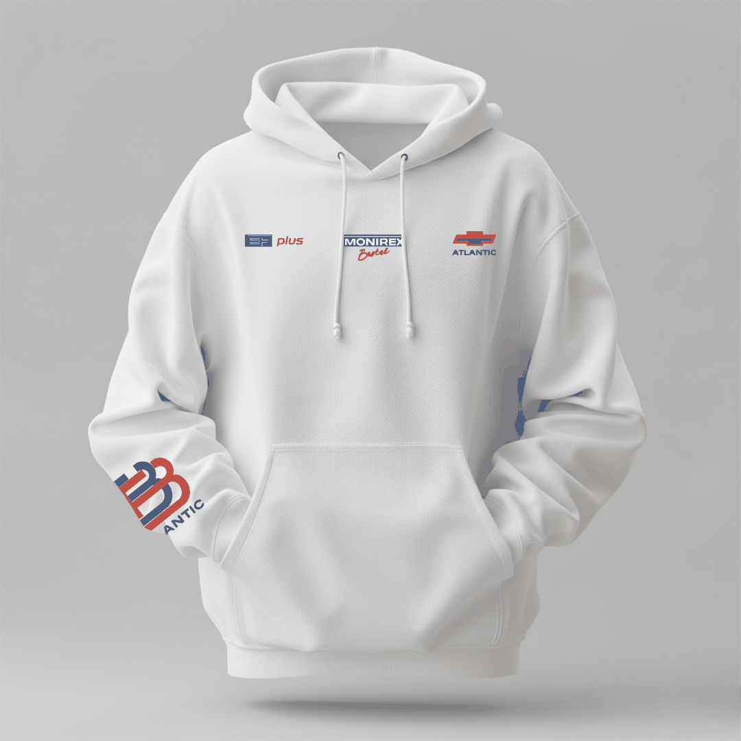 Luxury Winter Hoodie in white cotton with drawstring hood, front pouch pocket, and colourful graphic sleeve logo