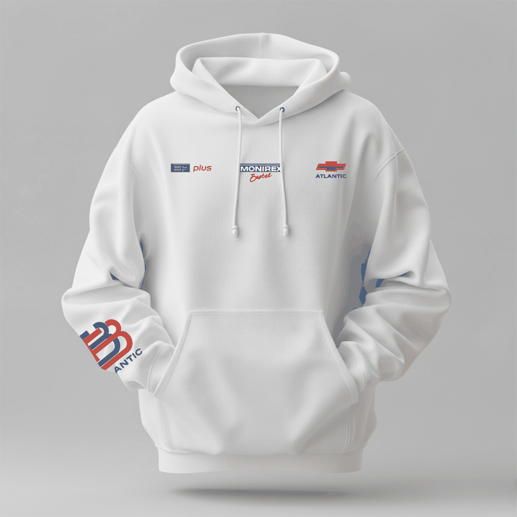 Luxury Winter Hoodie in white cotton with drawstring hood, front pouch pocket, and colourful graphic sleeve logo