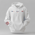 Luxury Winter Hoodie in white cotton with drawstring hood, front pouch pocket, and colourful graphic sleeve logo