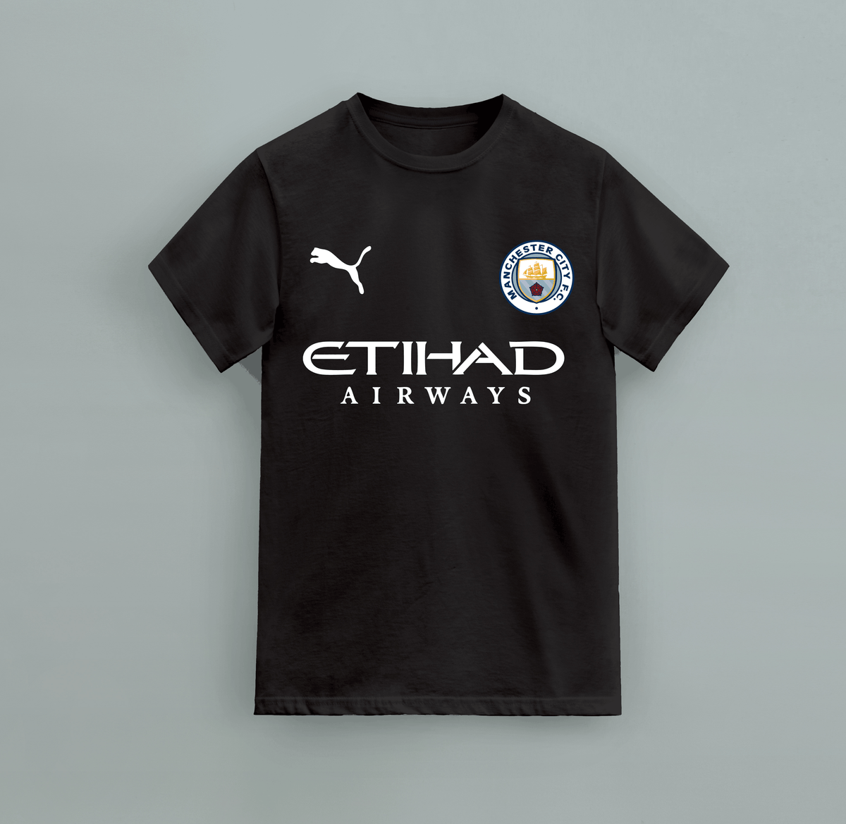 Men City Club Football T-shirt in black cotton with Manchester City crest, Puma logo, and Etihad Airways graphic