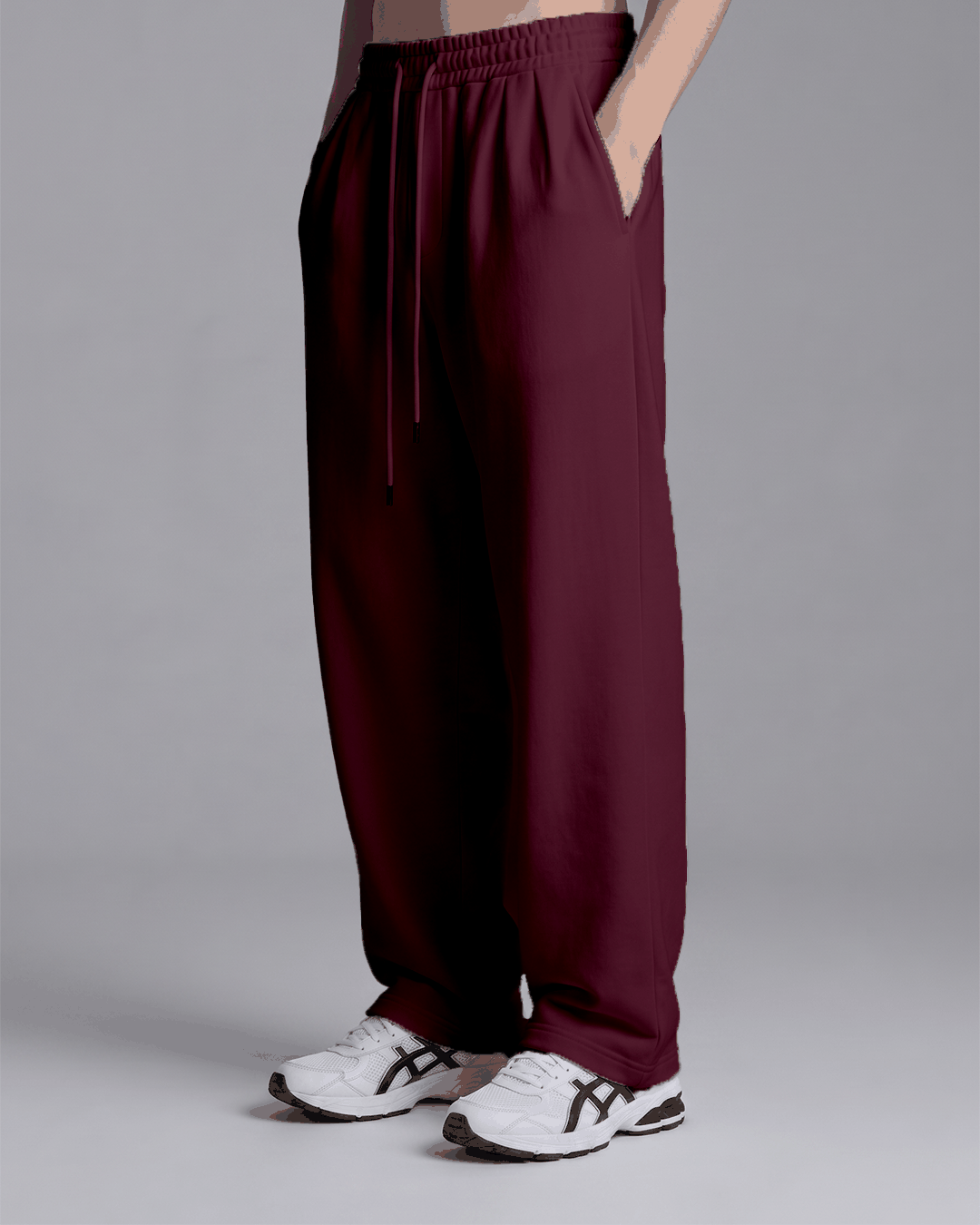 Men's Wide Leg Pants in burgundy cotton with a relaxed fit, elastic waistband, drawstring, and side pockets