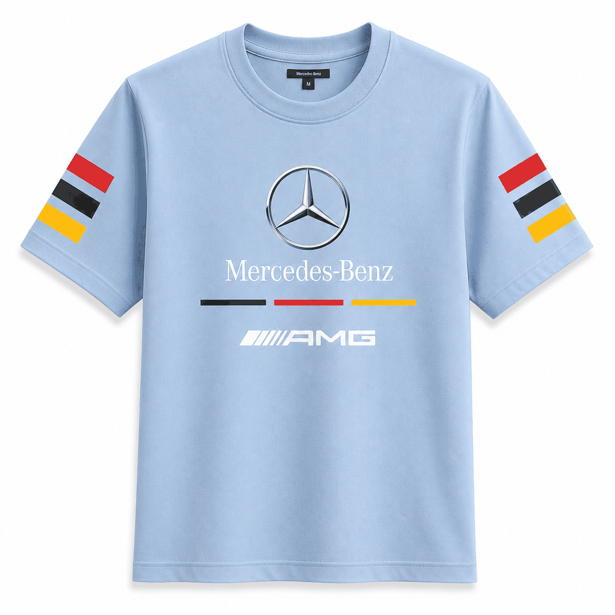 Mercedes AMG T-Shirt in light blue cotton with Mercedes-Benz and AMG logo and colored stripes on sleeves