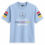 Mercedes AMG T-Shirt in light blue cotton with Mercedes-Benz and AMG logo and colored stripes on sleeves