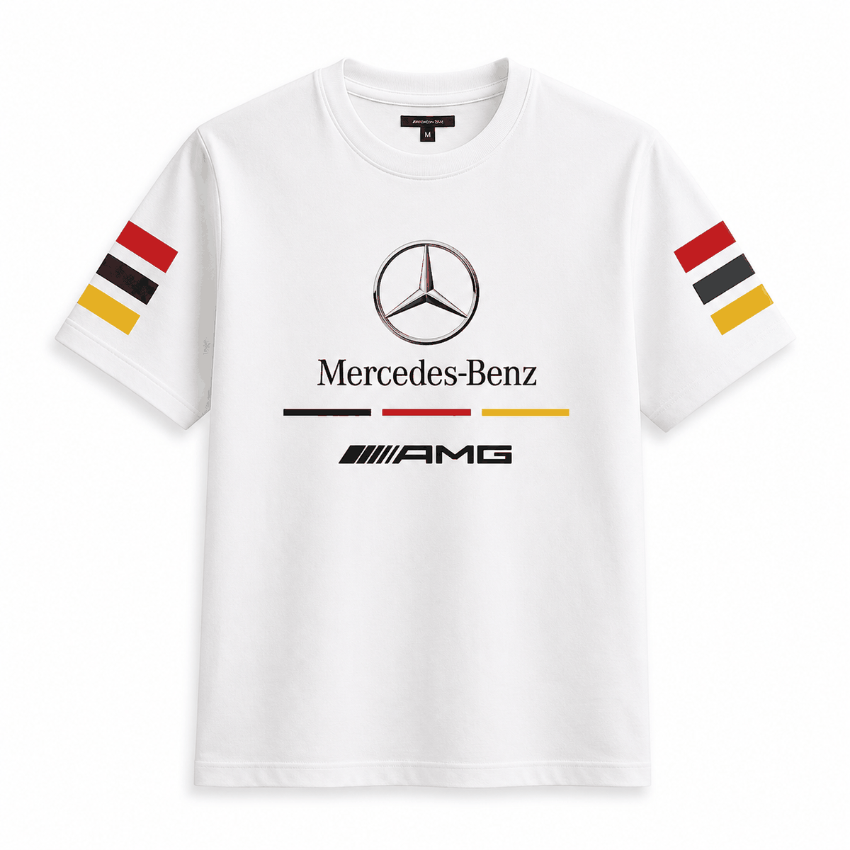 Mercedes AMG T-Shirt in white premium cotton featuring Mercedes-Benz logo, AMG branding, and red, black, yellow stripes on sleeves