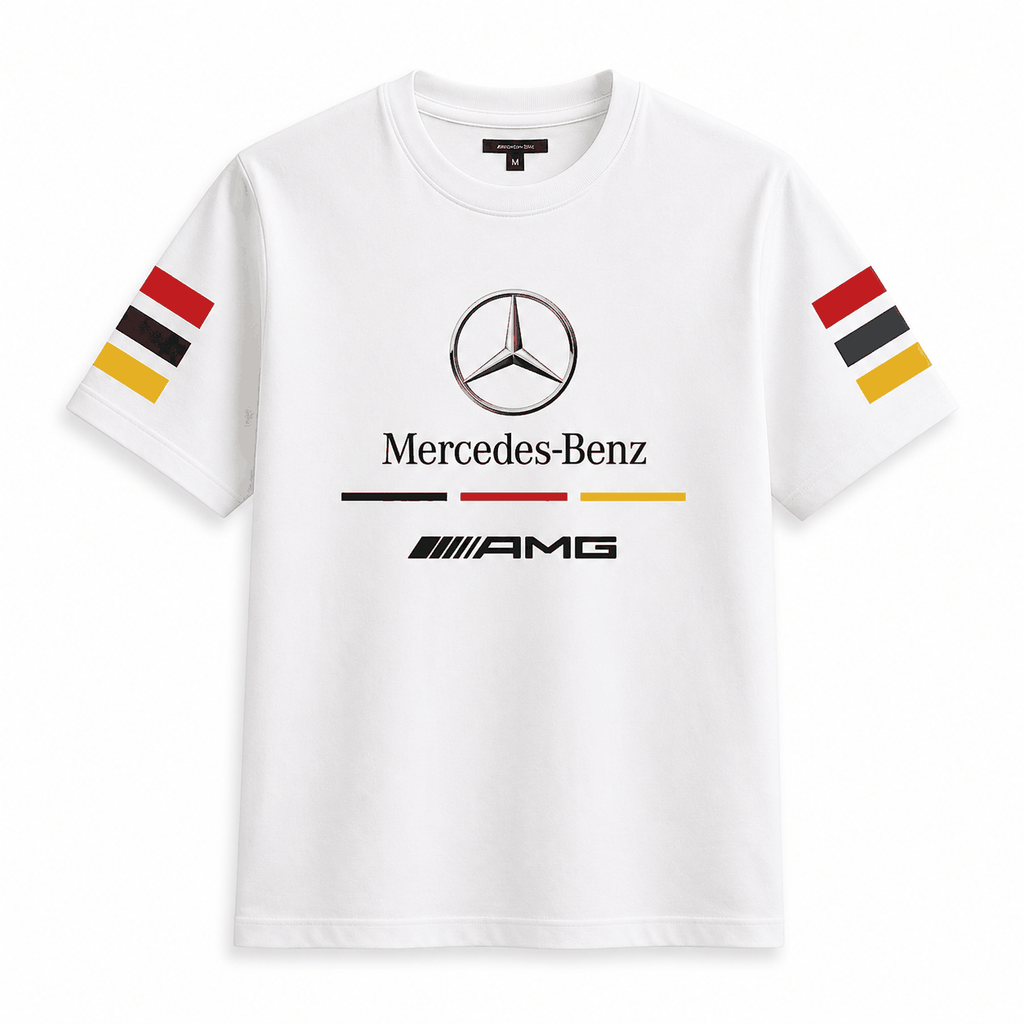 Mercedes AMG T-Shirt in white premium cotton featuring Mercedes-Benz logo, AMG branding, and red, black, yellow stripes on sleeves