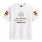 Mercedes AMG T-Shirt in white premium cotton featuring Mercedes-Benz logo, AMG branding, and red, black, yellow stripes on sleeves
