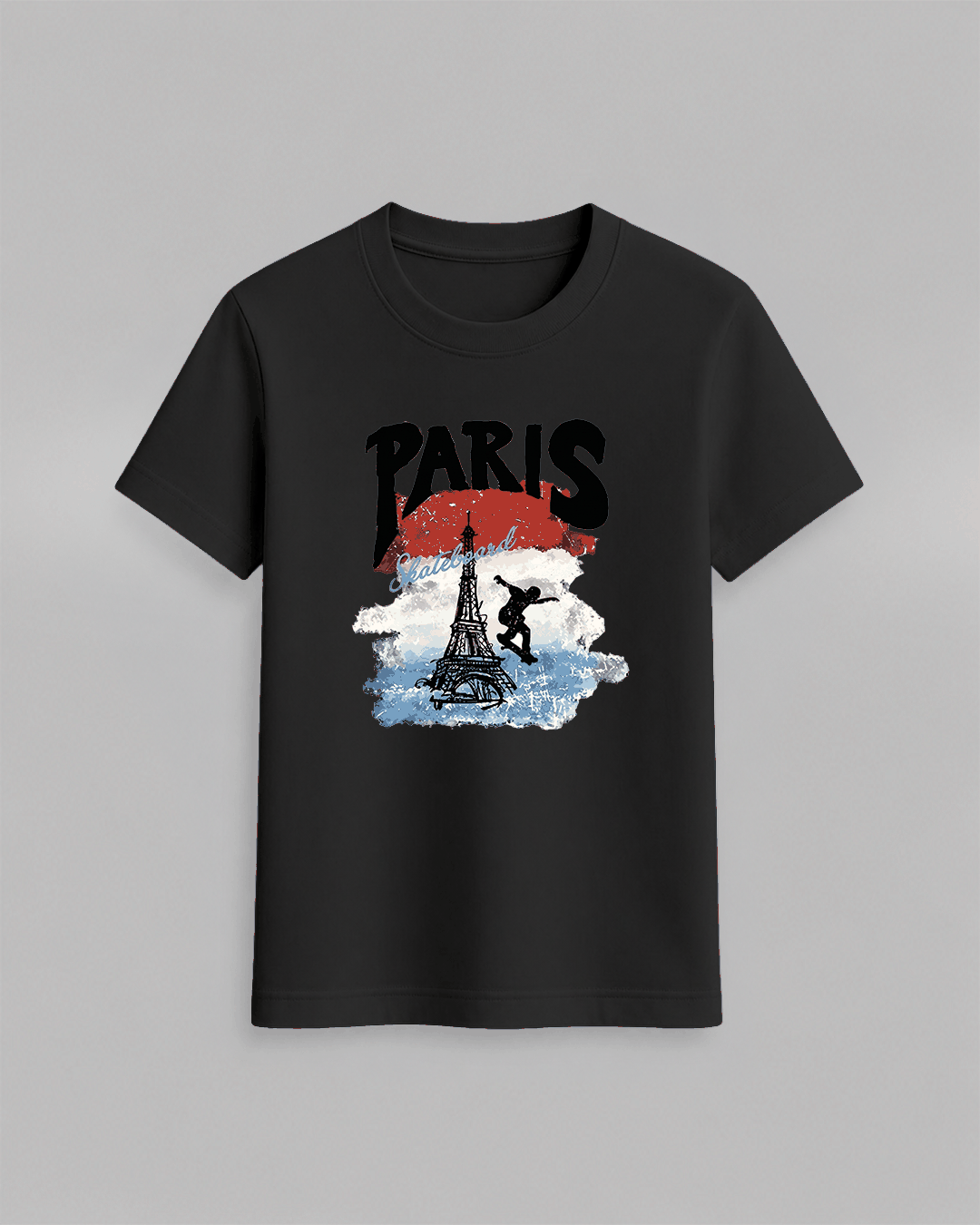 Paris Skateboard Graphic T-Shirt in black cotton with a colorful Eiffel Tower and skateboarder print in red, white, and blue