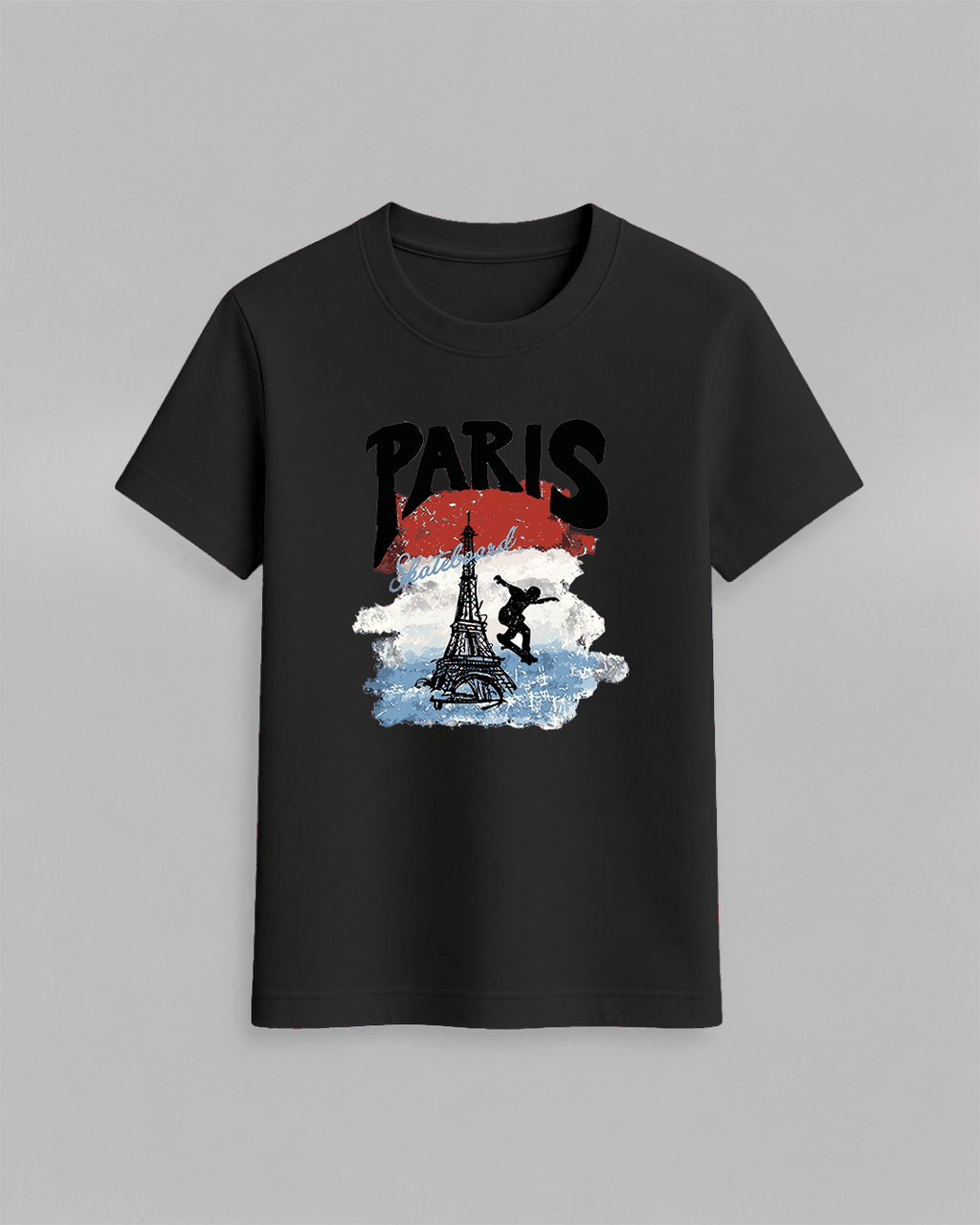 Paris Skateboard Graphic T-Shirt in black cotton with a colorful Eiffel Tower and skateboarder print in red, white, and blue