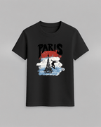 Paris Skateboard Graphic T-Shirt in black cotton with a colorful Eiffel Tower and skateboarder print in red, white, and blue