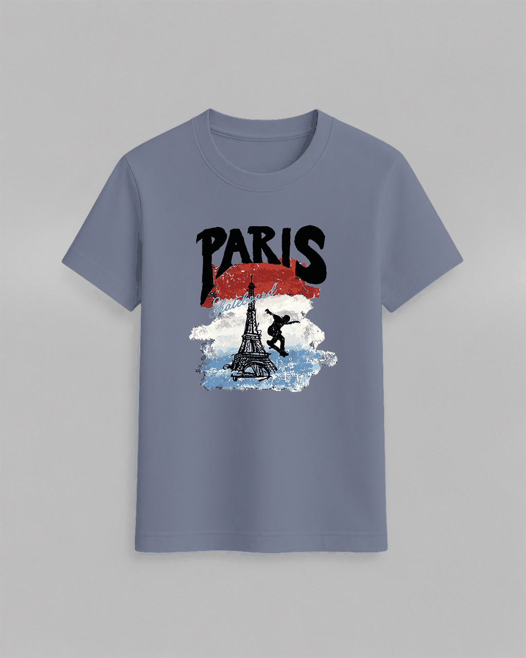 Paris Skateboard Graphic T-Shirt in muted blue with Eiffel Tower and skateboarder graphic in French flag colors
