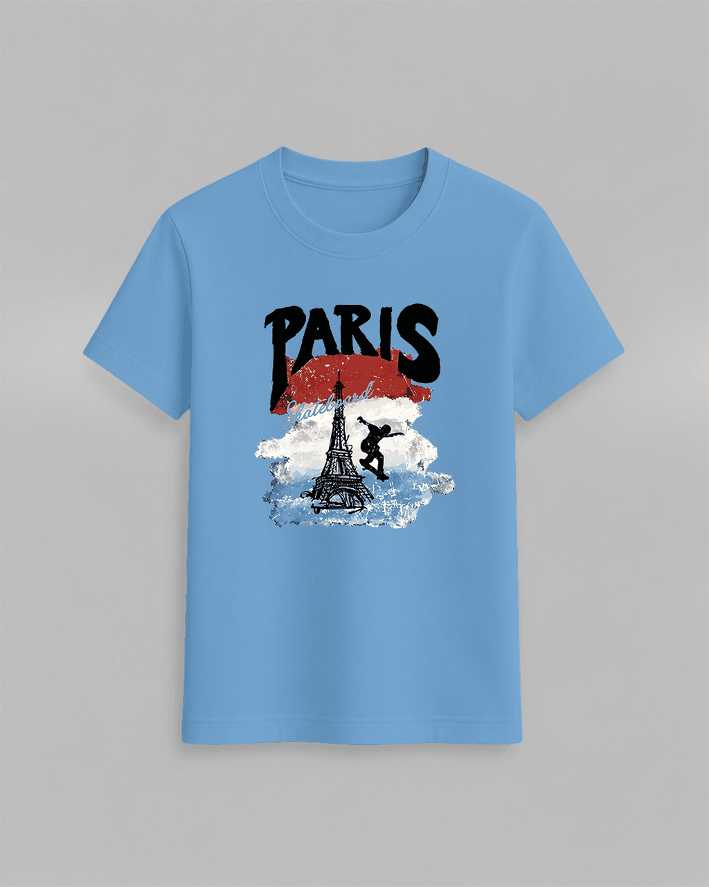 Paris Skateboard Graphic T-Shirt in light blue cotton featuring a black skateboarder silhouette and Eiffel Tower with French flag colors